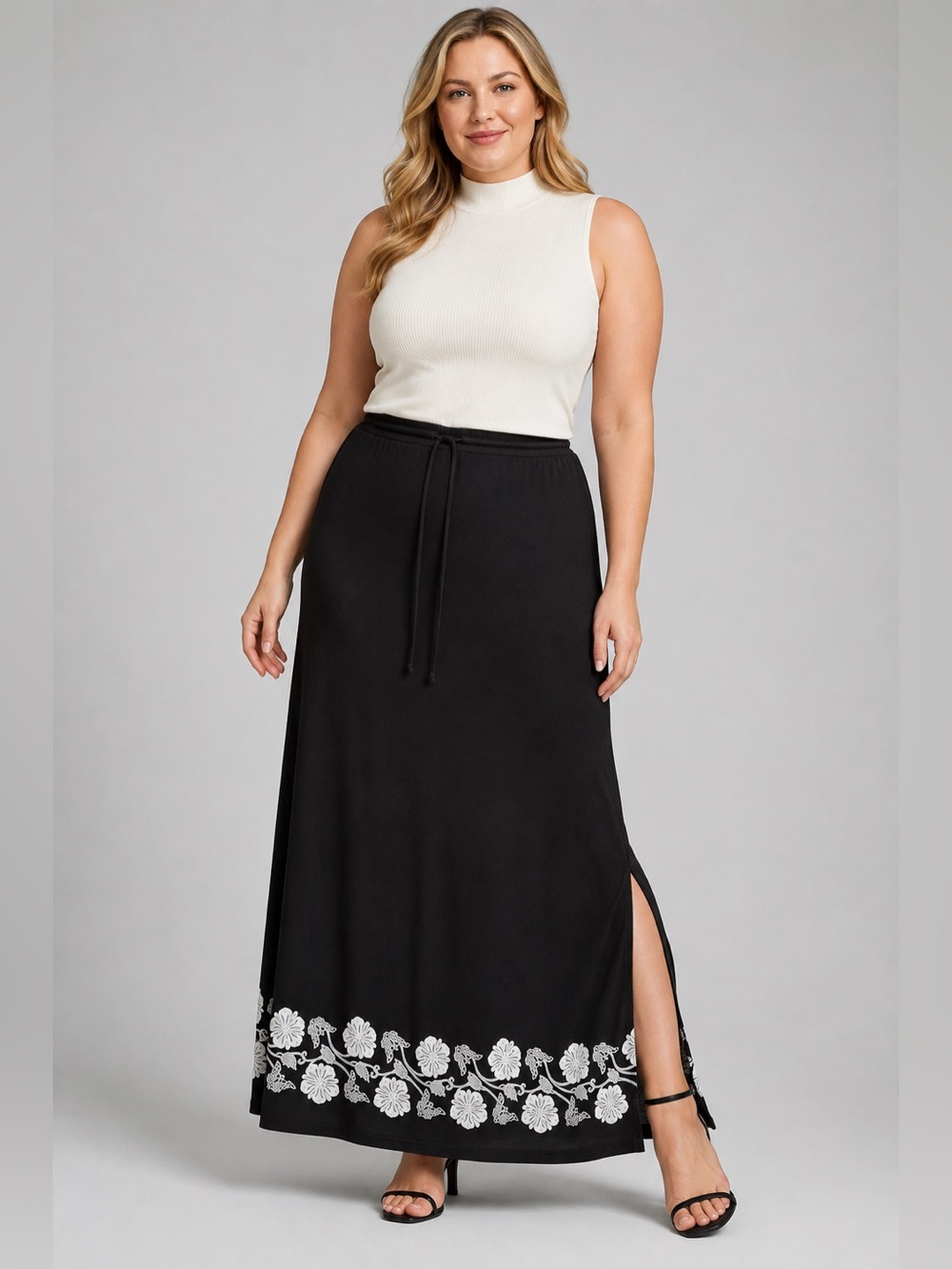 WHITE HOUSE BLACK MARKET BLACK FLORAL MAXI SKIRT DRAWSTRING XL